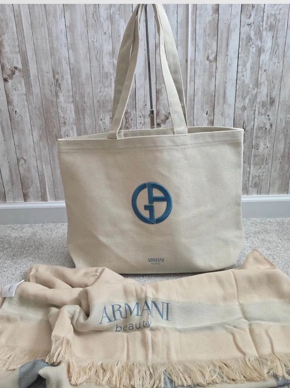 Giorgio Armani Beige Canvas Tote and beach blanket set with Blue Logo